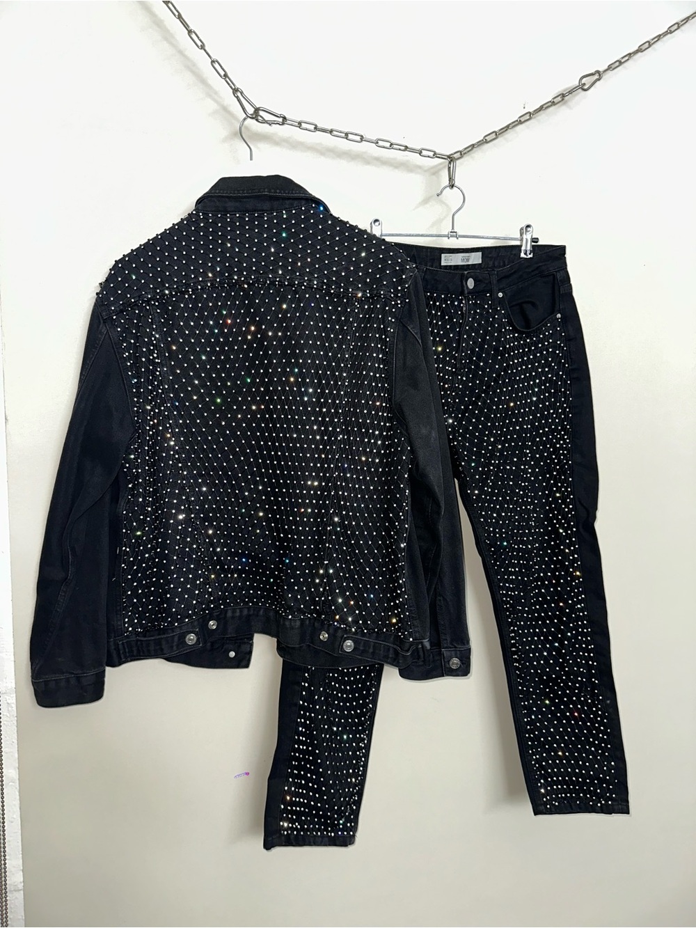 Topshop Rhinestone Black Denim Jacket & Pants Set